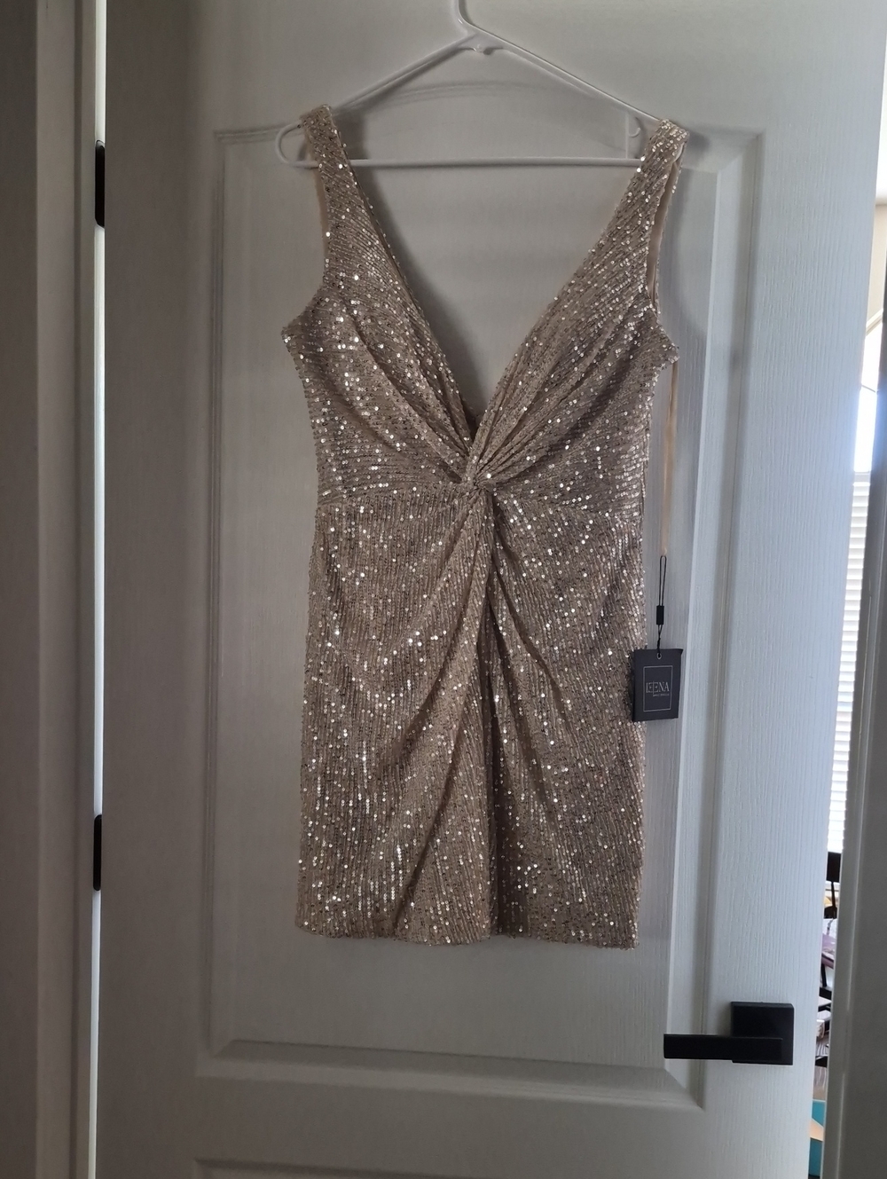 Mac Duggal Gold Sequin Twist-Front Mini Dress